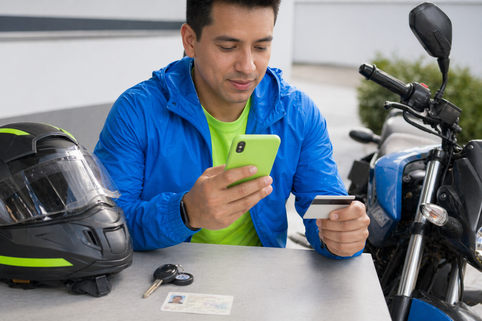 Casco, celular y documento listos para comprar SOAT de moto